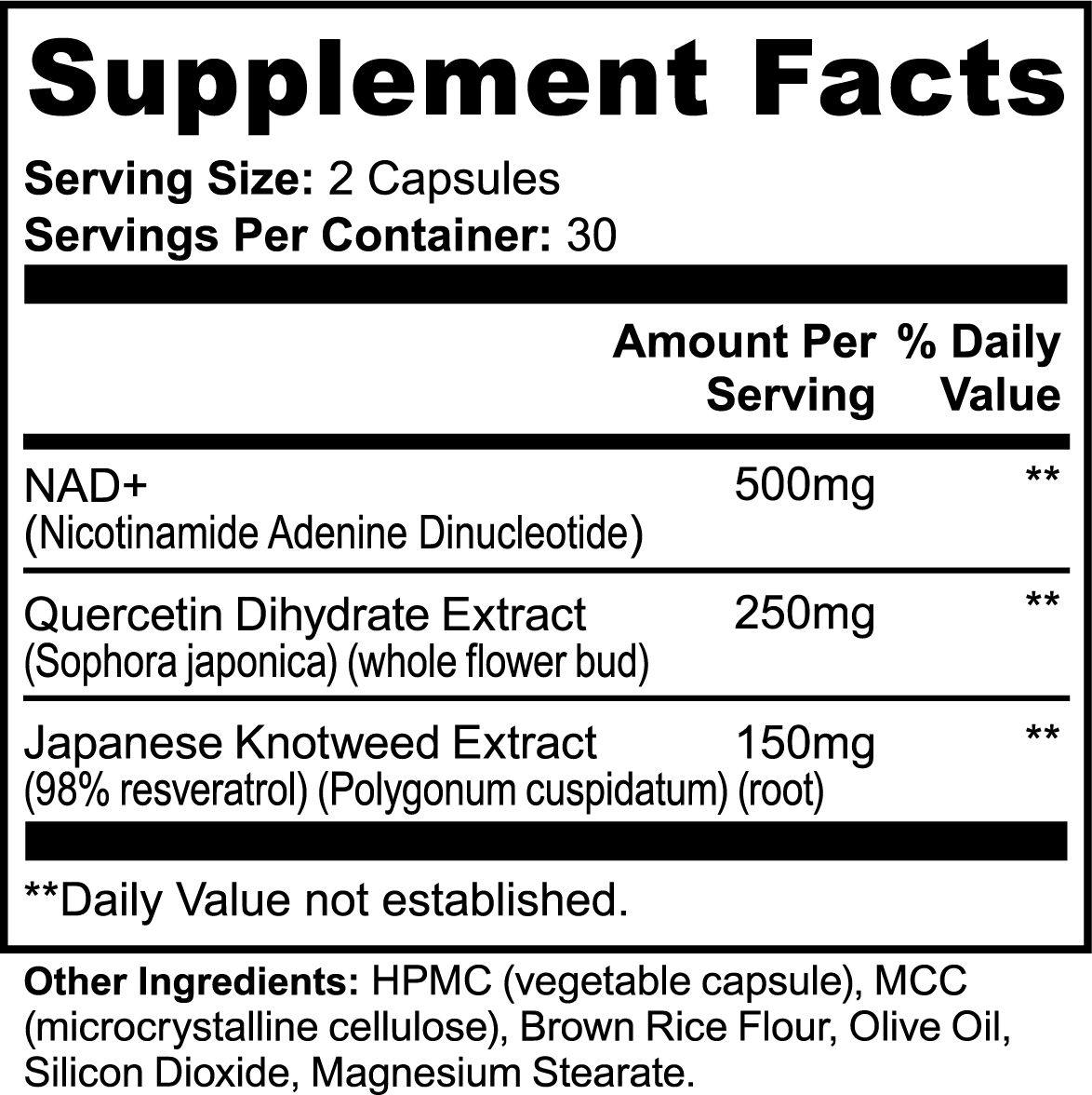 NAD+ Supplement Facts panel