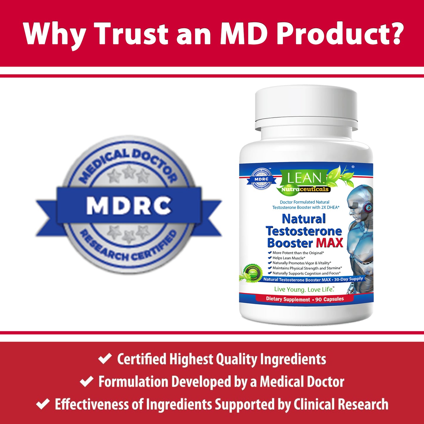 LEAN Nutraceuticals Testosterone Booster MAX for Men - Natural and MD Certified