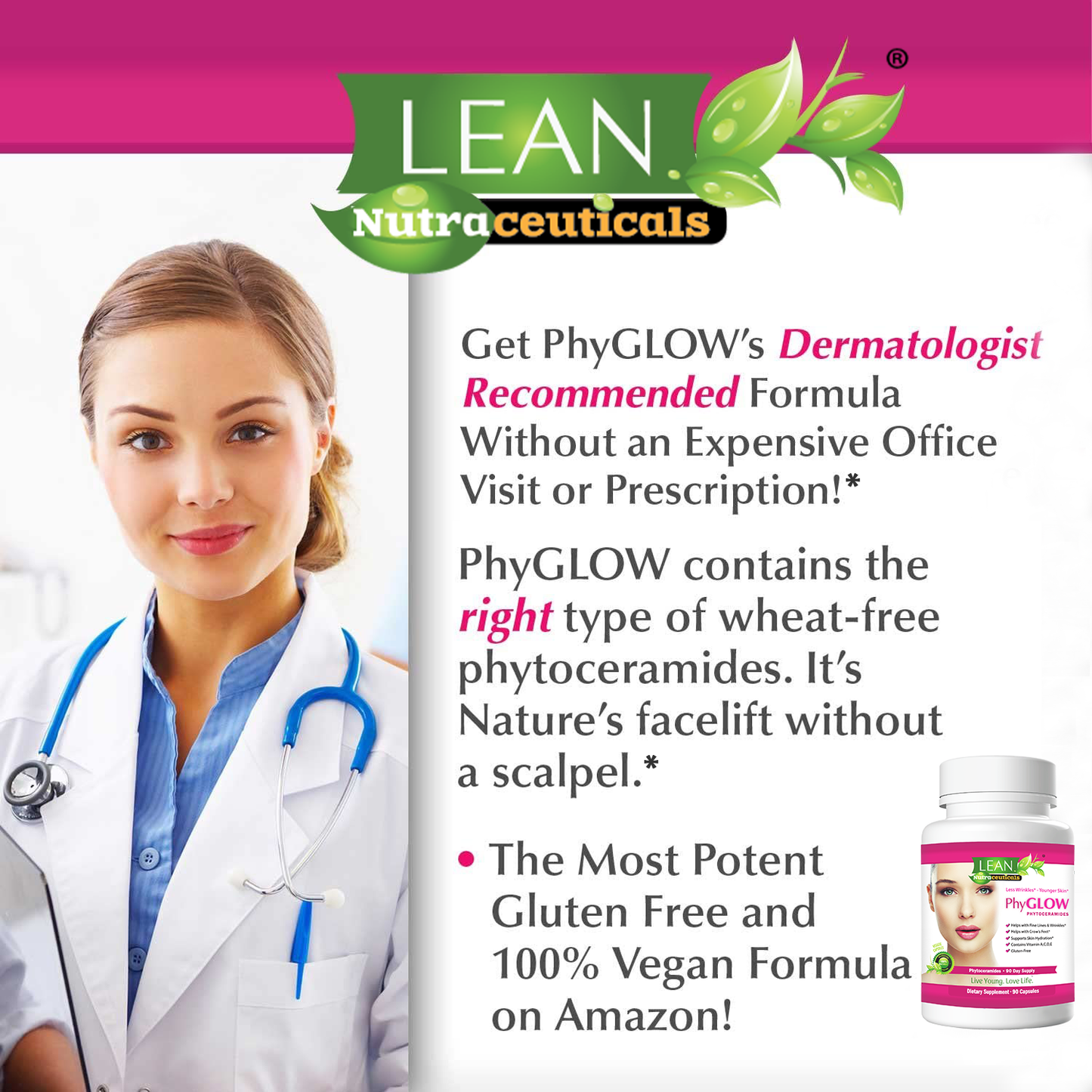 Phyglow Dermatologist Recommended Formula for SKin Care Facelift and Deep Hydration Gluten Free Vegan Food Supplement