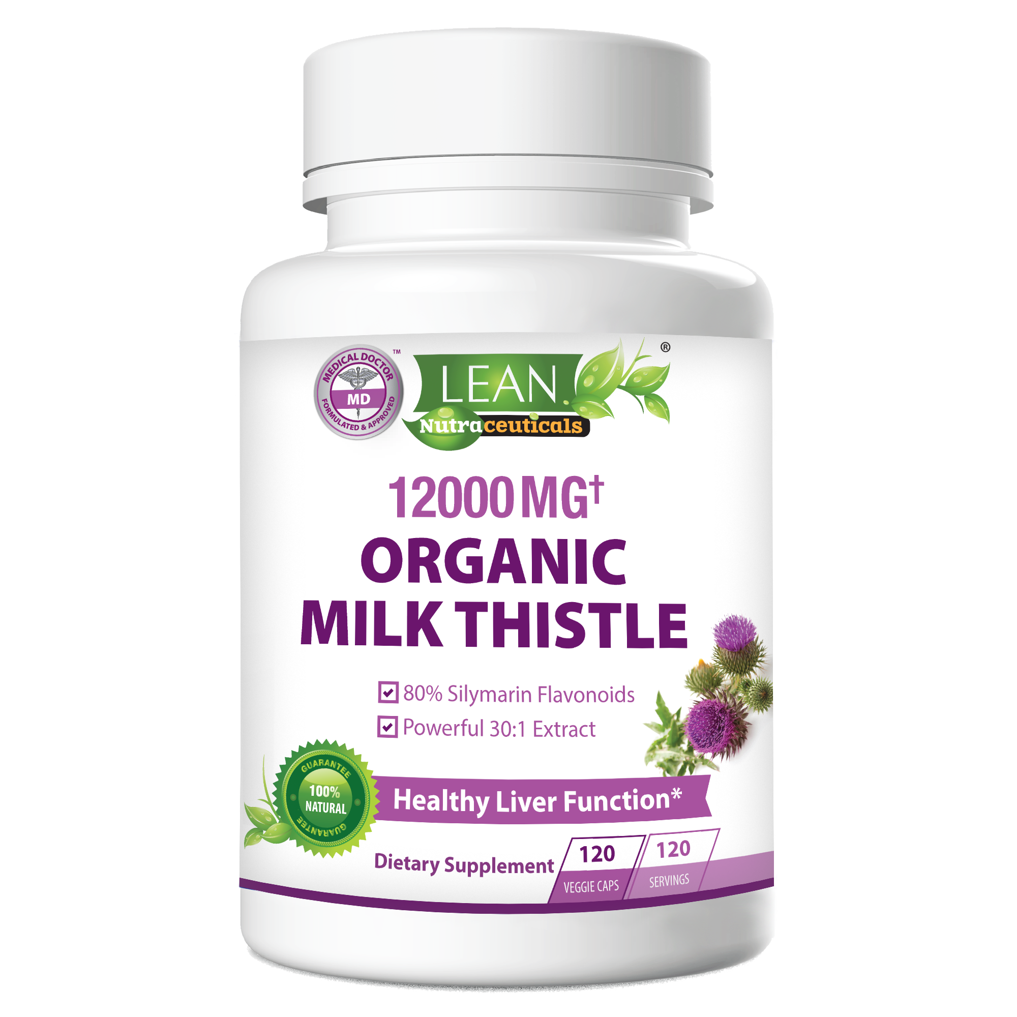 Lean Nutraceuticals Organic Milk Thistle 120 Caps Bottle Front