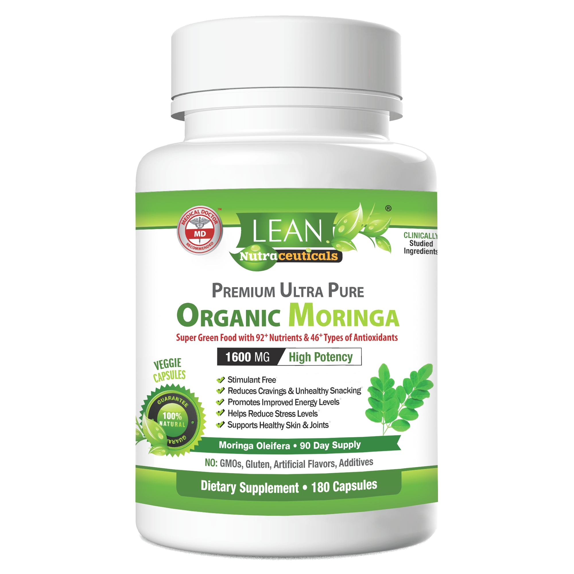 Lean Nutraceuticals Organic Moringa 180 Caps Bottle Front